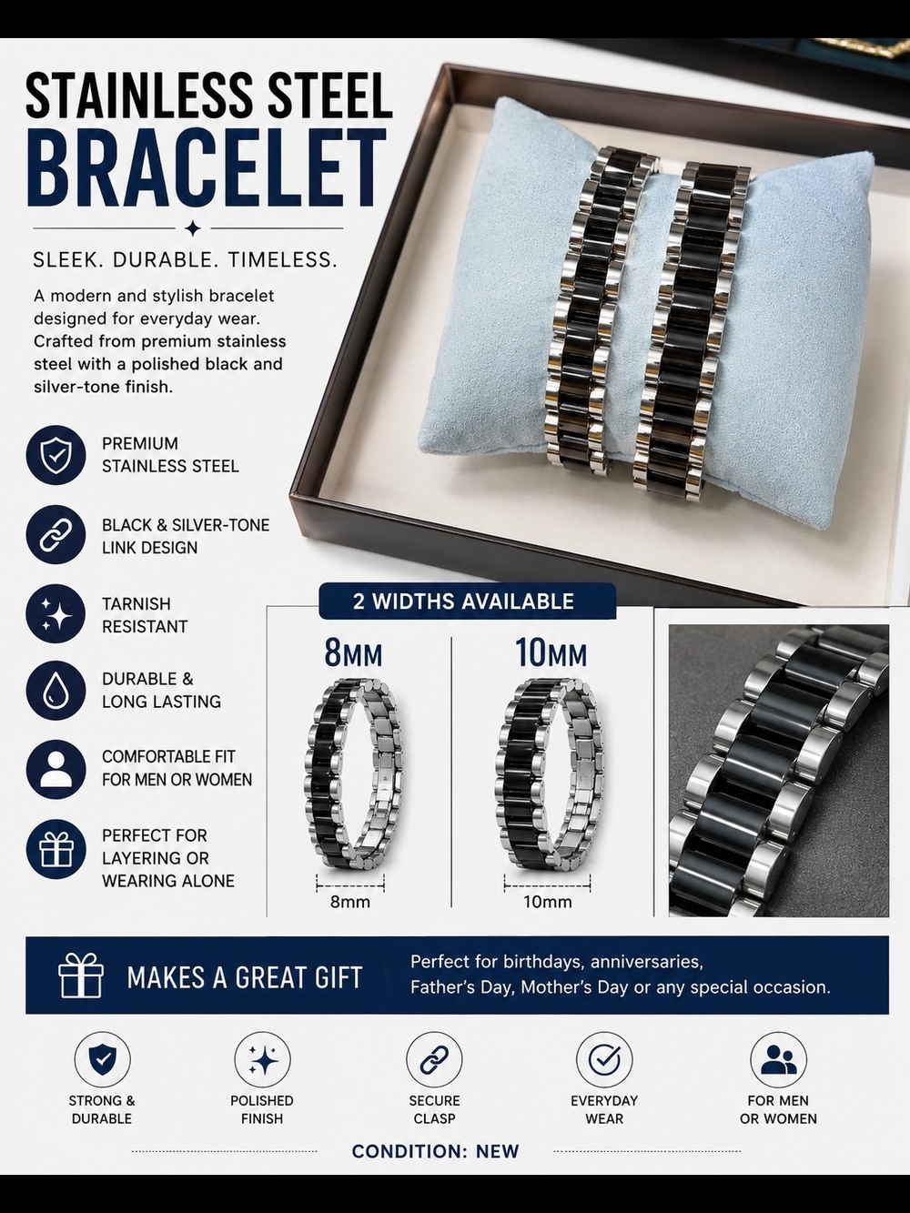 Stainless Steel Black & Silver-Tone Bracelet - Sleek Link Design
